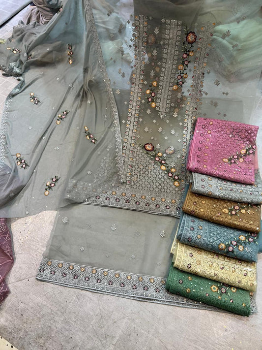 Tissue Embroidered Unstitched 3 Piece Suit with Chiffon Dupatta